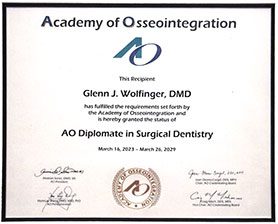 Dr. Glenn Wolfinger Academy of Osseointegration Certificate